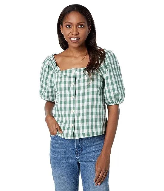 Linen-Cotton Square-Neck Button-Front Top in Gingham Check