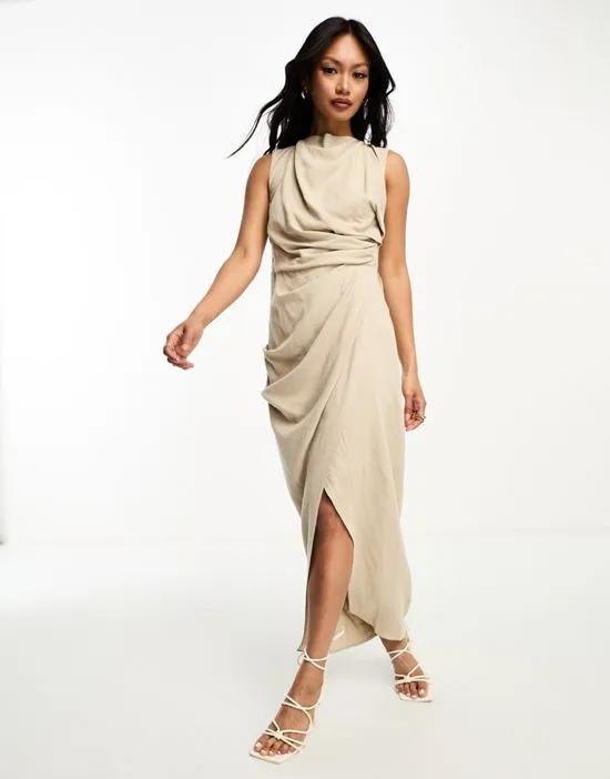 linen drape midi dress with wrap skirt in stone