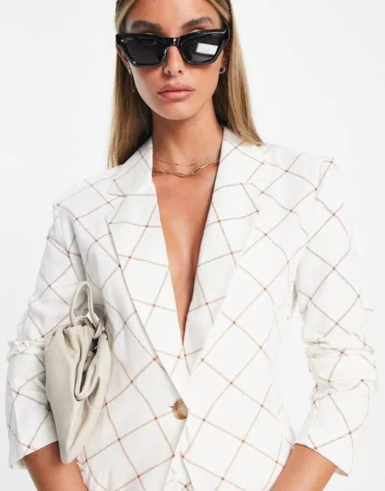 linen grid check suit blazer in cream