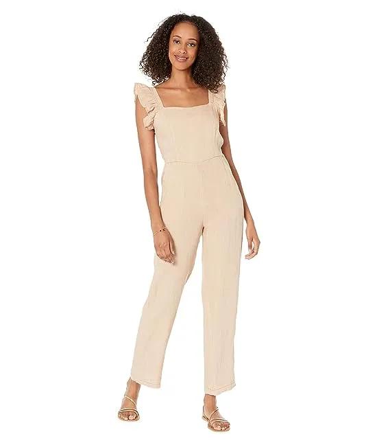Linen Jumpsuit with Ruffle Strap Detail in Going Steady