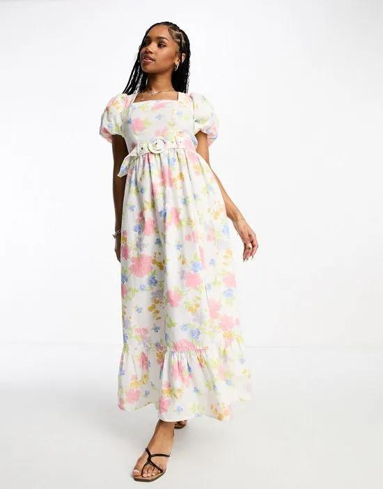 linen look belted maxi dress in floral
