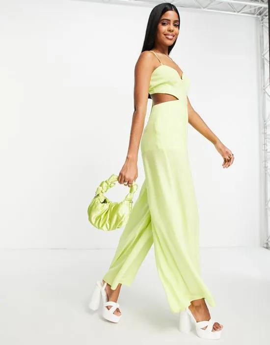 linen look cut out jumpsuit in lime green