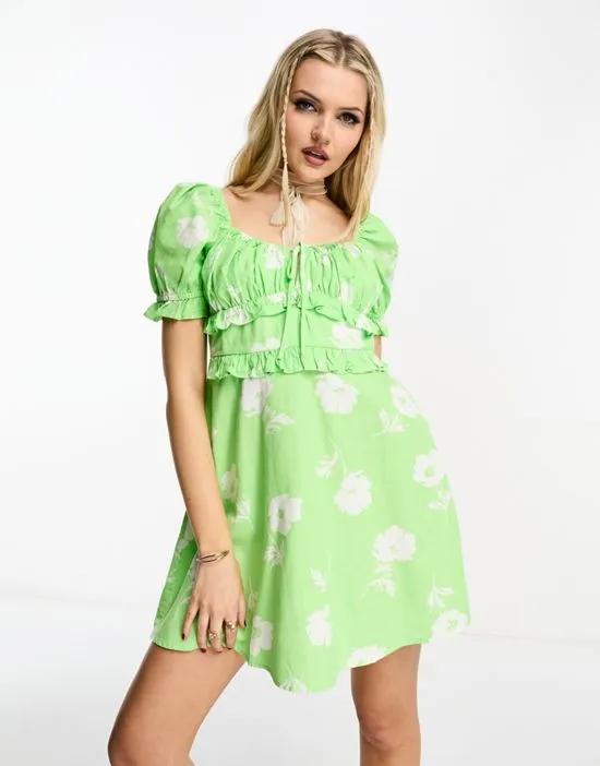 linen look milkmaid mini tea dress in green floral