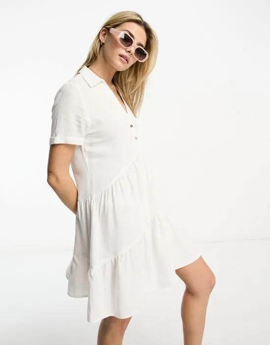 linen look tiered shirt mini dress in white