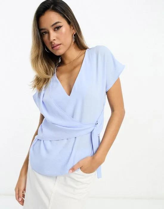 linen look v-neck top with d-ring detail in ice blue