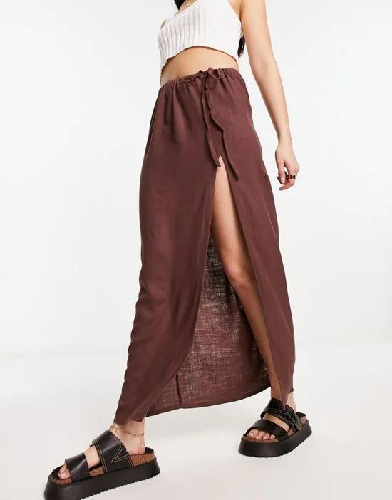 linen maxi skirt with high split in chocolate