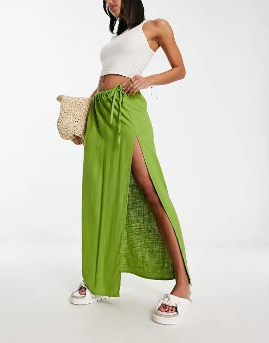 linen maxi skirt with high split in green