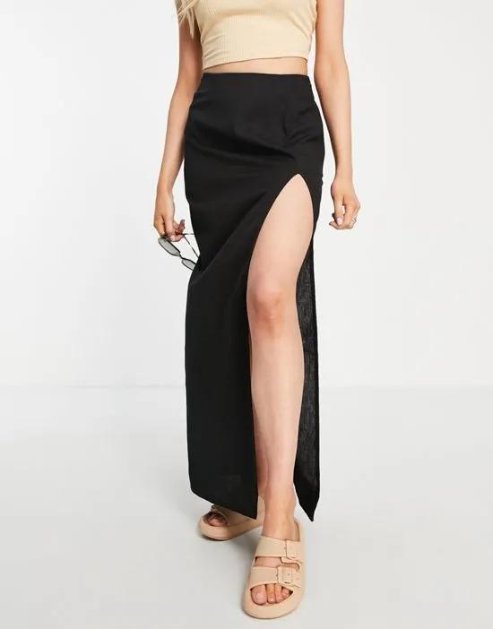 linen maxi skirt with split in black