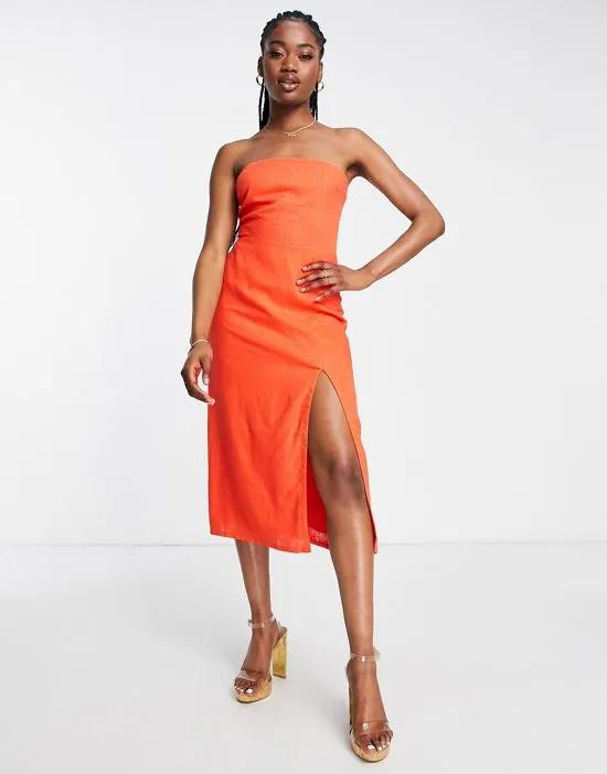linen midi dress with thigh split in tangerine