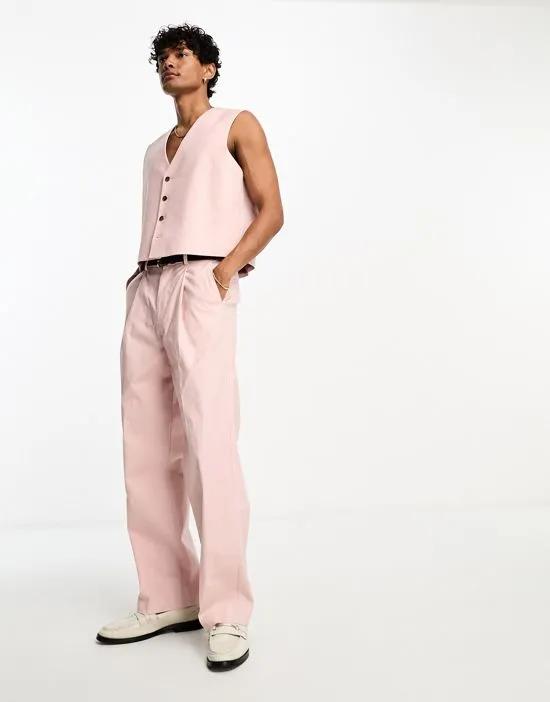 linen mix cropped wide leg suit pants in pink