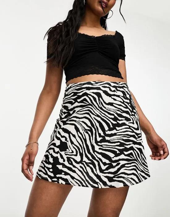 linen mix mini slip skirt in monochrome zebra print