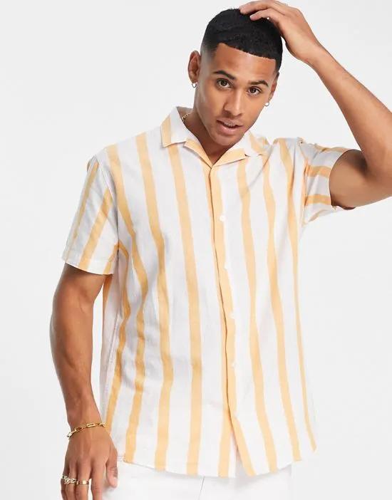 linen mix revere short sleeve shirt in orange stripe