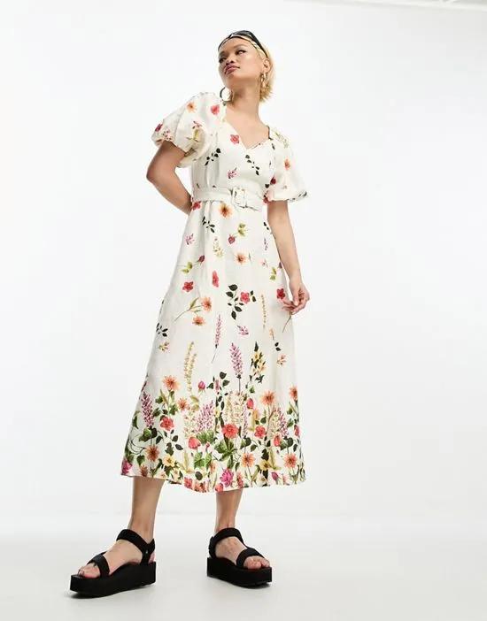 linen puff sleeve belted midaxi dress in floral print