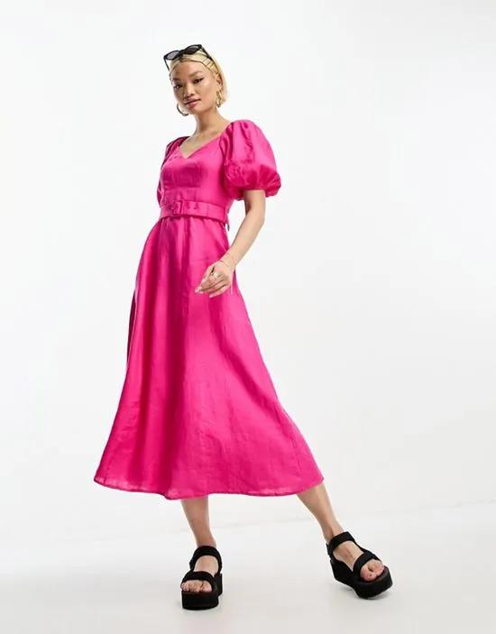 linen puff sleeve belted midaxi dress in pink