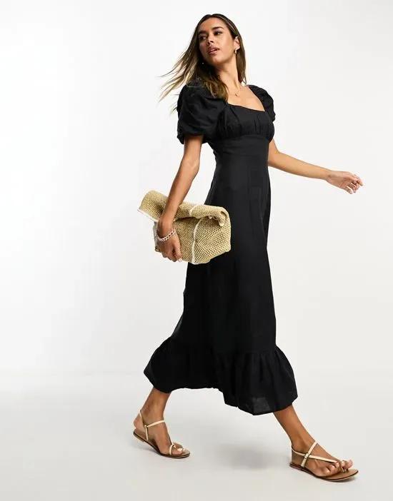 linen puff sleeve midaxi dress with split in black