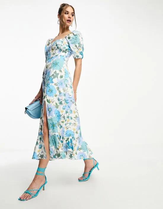 linen puff sleeve midi dress in blue floral
