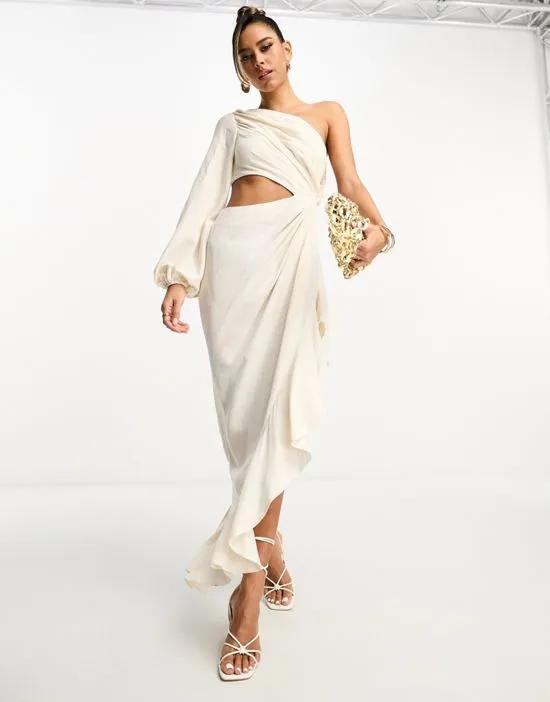 linen ruched one sleeve maxi dress with ruffle side split in stone