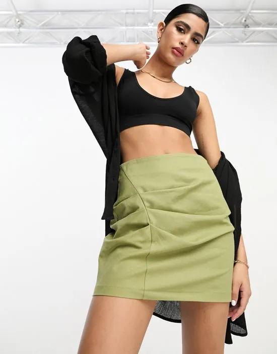 linen ruched skirt in khaki green