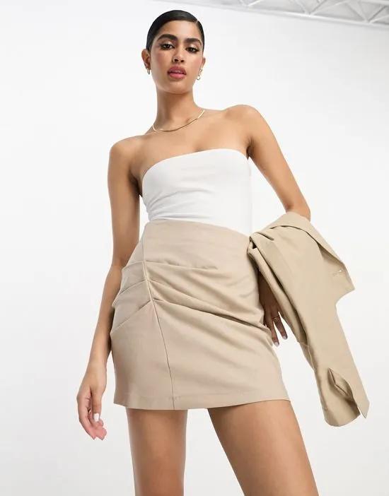 linen ruched skirt in stone