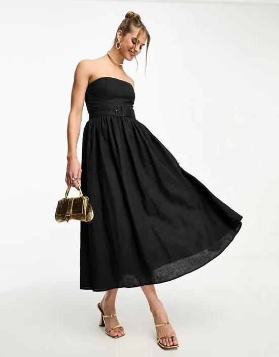 linen strapless belted maxi dress in black