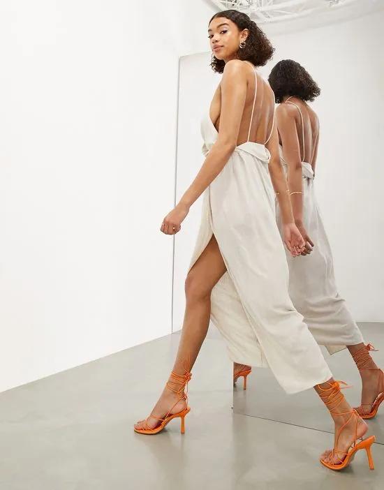 linen strappy back drape cami midi dress in stone