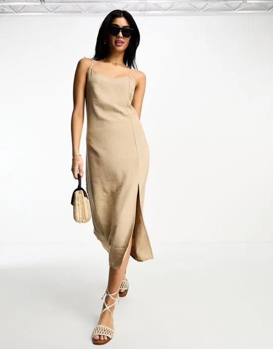 linen touch cami midi dress with slit front in camel