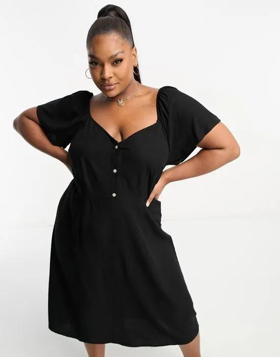 linen touch flutter sleeve midi dress in black