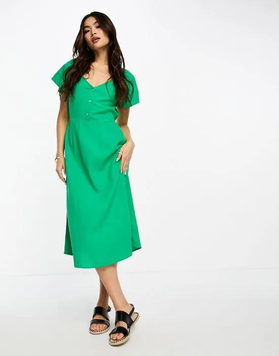 linen touch flutter sleeve midi dress in green