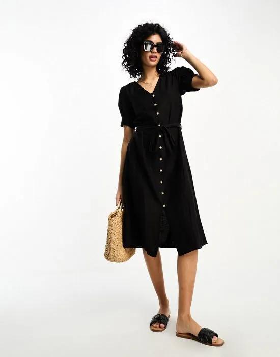linen touch midi shirt dress in black