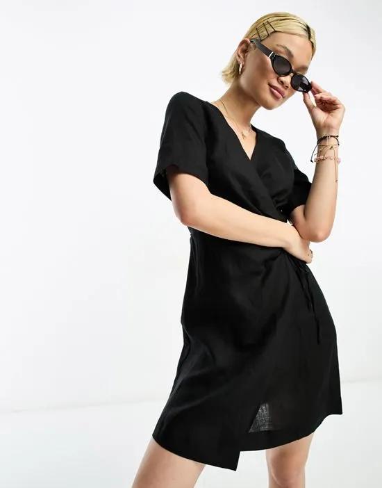 linen wrap mini dress in black