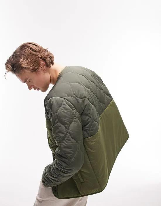 liner jacket with mixed fabric in khaki