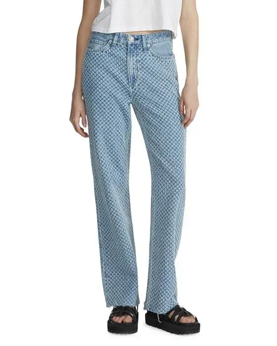 Logan Embroidered Relaxed Fit High Rise Wide Leg Jeans in Indigo Tweed