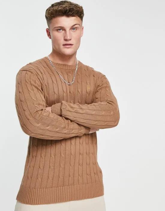 logo cable knit sweater in camel