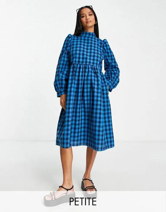 Lola May Petite high neck smock dress in blue plaid