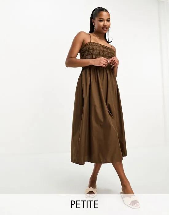 Lola May Petite shirred cotton poplin midi dress with cross back in chocolate brown