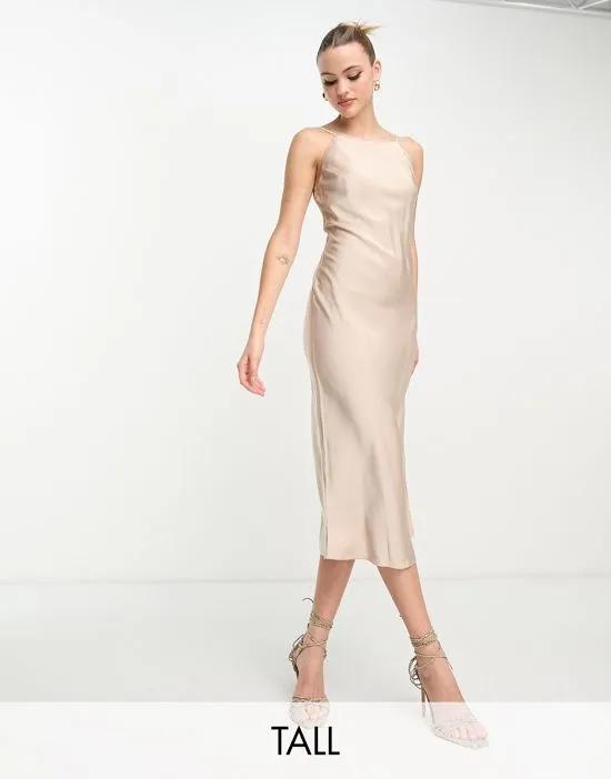 Lola May Tall satin cami midaxi dress with pearl effect straps in champagne