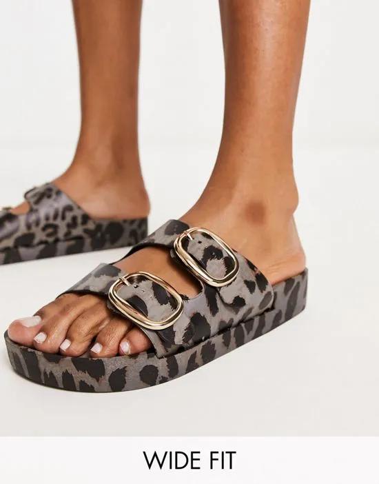 London Rebel wide fit double buckle footbed sandals in leopard