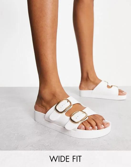 London Rebel wide fit double buckle footbed sandals in white