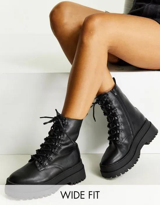 London Rebel wide fit lace up chunky boots in black
