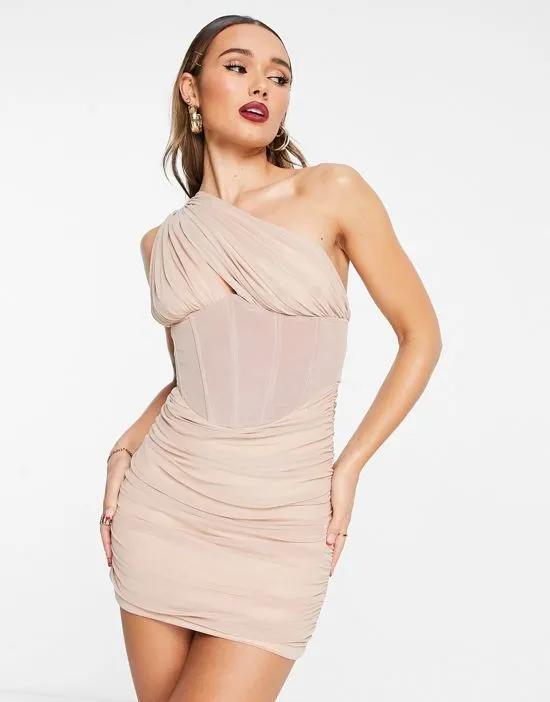 London ruched one shoulder corset mini dress in blush