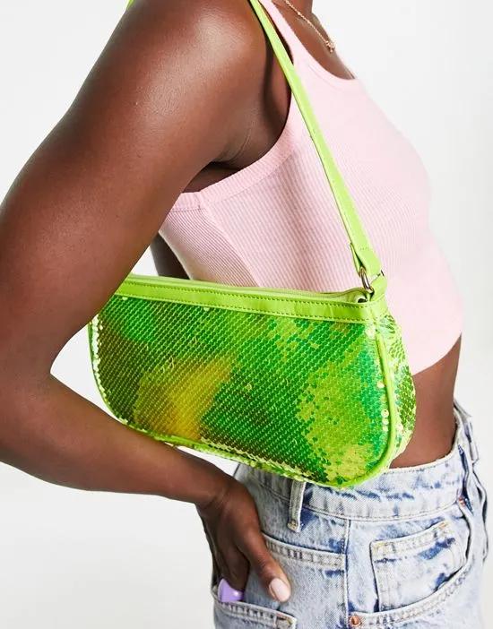 London shoulder bag in holographic green sequin