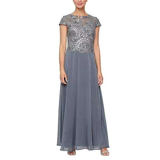 Long A-Line Mock Dress with Embroidered Sequin Cap Sleeve Bodice
