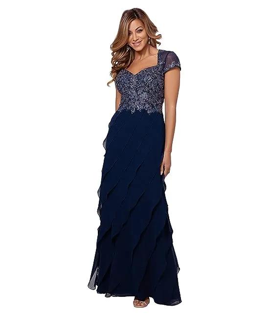 Long Cap Sleeve Tiered Gown with Appliques