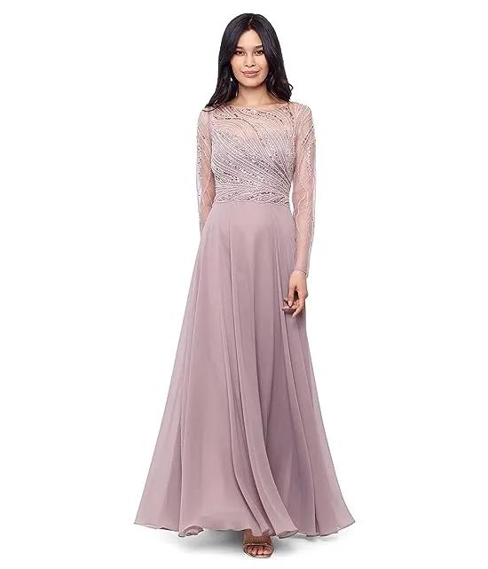 Long Chiffon Dress with Illusion Sequin Long Sleeves