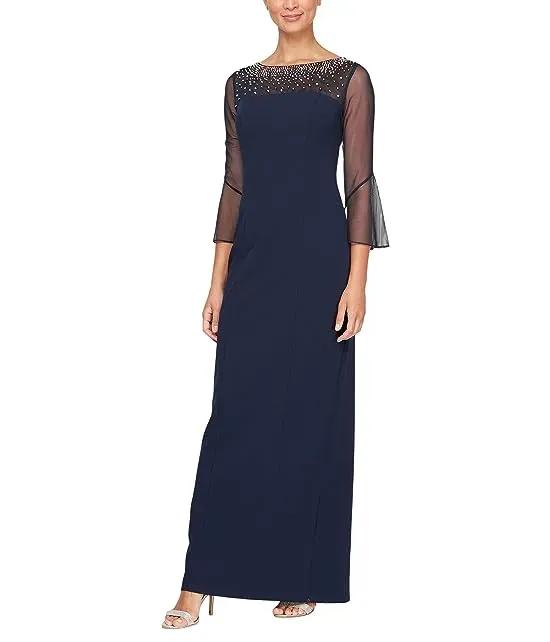 Long Column Dress with Mesh Bell Sleeves and Heat Set Neckline