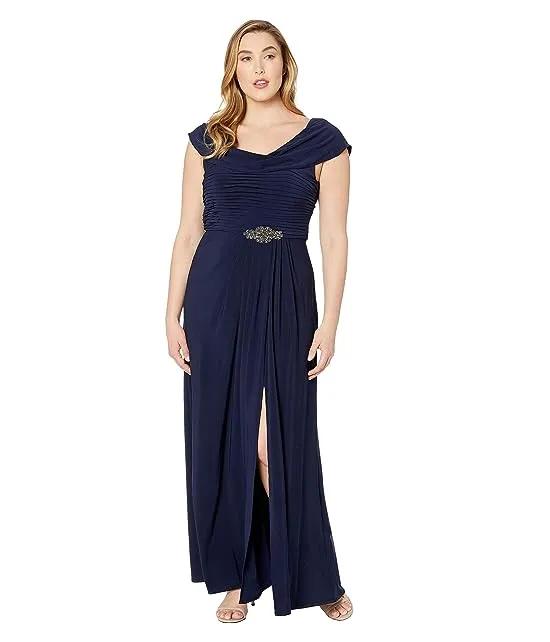 Long Cowl Neck A-Line Dress with Beaded Detail at Waist