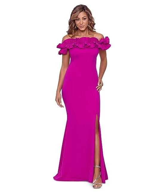 Long Crepe Over-the-Shoulder Ruffle Gown