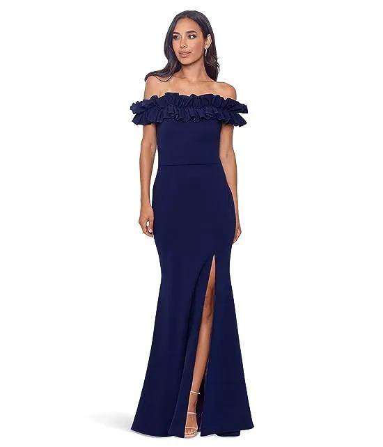 Long Crepe Over-the-Shoulder Ruffle Gown