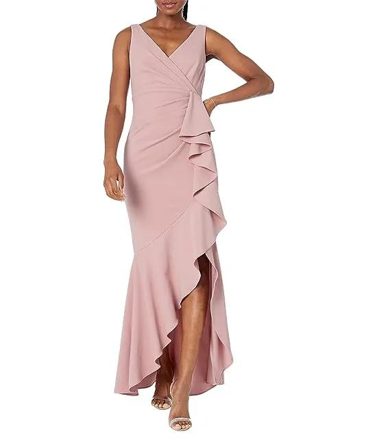 Long Crepe V-Neck Dress with High-Low Skirt