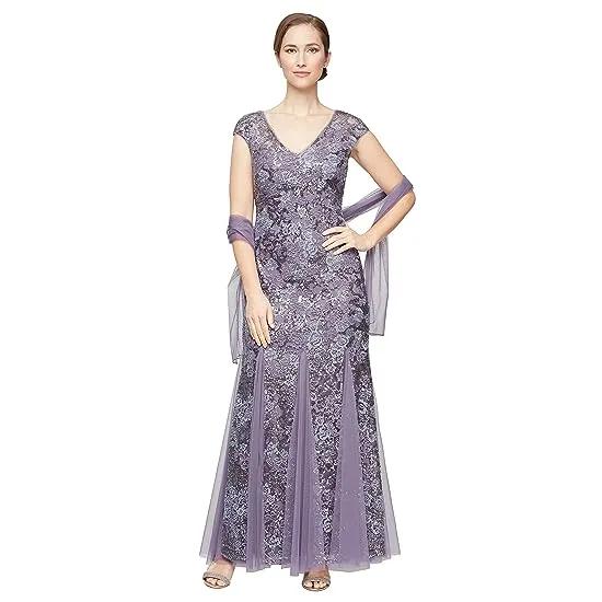 Long Embroidered Fit-and-Flare Dress with Godet Detail Skirt and Shawl